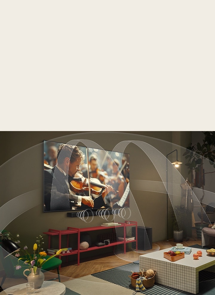 Obývací pokoj s LG OLED TV a LG Soundbar s grafikou znázorňující, jak obě zařízení naplňují místnost prostorovým zvukem.