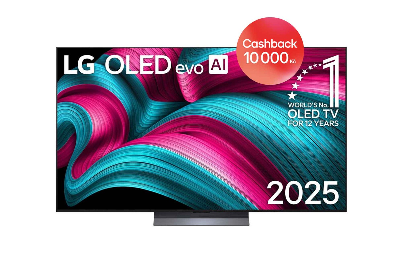 Čelní pohled na LG OLED evo AI C5 4K Smart TV. Na obrazovce je emblém 12 let světové jedničky OLED a logo LG OLED evo AI 2025.