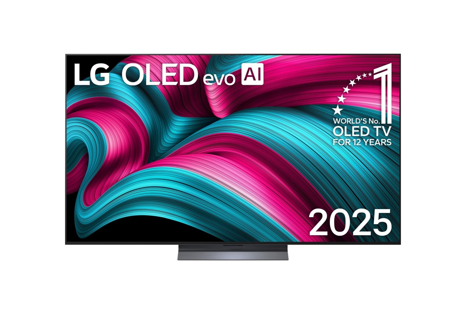 Čelní pohled na LG OLED evo AI C5 4K Smart TV. Na obrazovce je emblém 12 let světové jedničky OLED a logo LG OLED evo AI 2025.