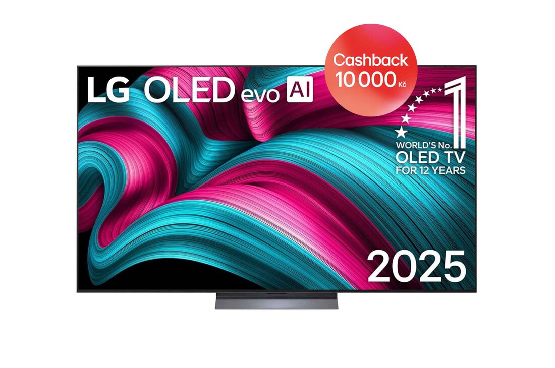 Čelní pohled na LG OLED evo AI C5 4K Smart TV. Na obrazovce je emblém 12 let světové jedničky OLED a logo LG OLED evo AI 2025.