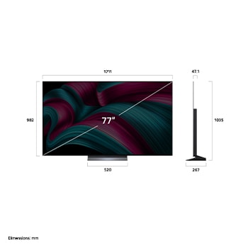 Pohled zepředu a z boku na LG OLED evo AI C5 4K Smart TV s rozměry na délku, šířku, výšku a hloubku.