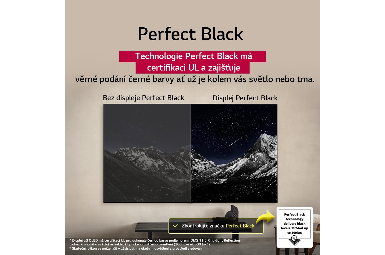 Obývací pokoj s televizorem LG OLED TV připevněným na stěně. Na televizoru je vidět horský masiv na pozadí temné večerní oblohy plné hvězd. Scéna rozdělená na dvě části demonstruje, jak technologie Perfect Black zajišťuje věrné podání černé barvy, ať už je kolem vás světlo nebo tma. Na jedné straně scény je zobrazena matnější, šedivější verze krajiny s označením Non Perfect Black. Na druhé straně je obraz příjemnější a má větší dynamický rozsah černé a bílé. Nese označení Perfect Black. Viditelná je také certifikace loga, technologie Perfect Black zajišťuje úroveň černé barvy nižší nebo rovnou 0,24 nit až do 500 luxů. Po straně je textová bublina s nápisem Podívejte se na značku certifikace Perfect Black.