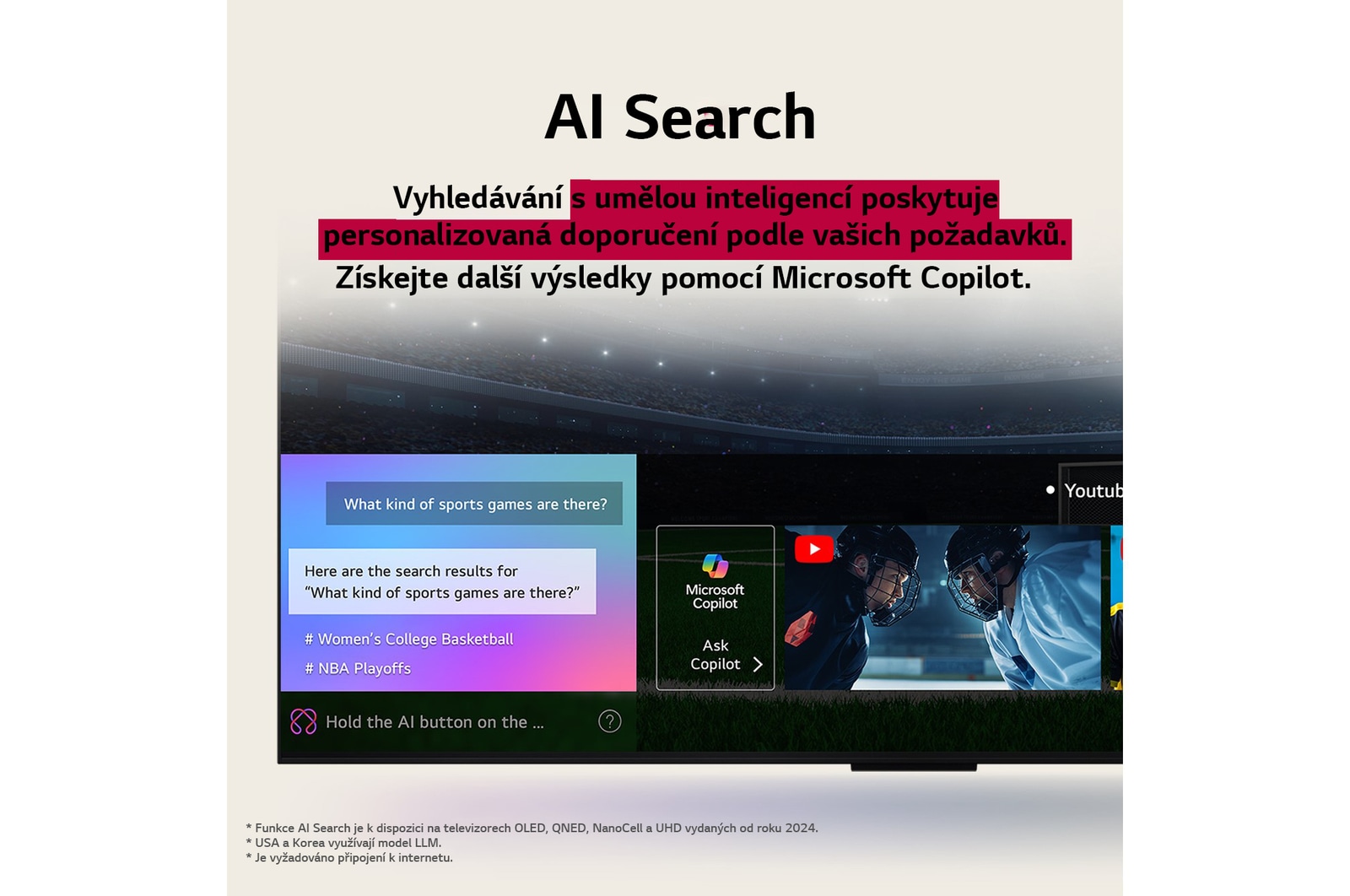 Detail obrazovky televizoru LG OLED TV zobrazující, jak funguje funkce AI Search. Otevře se malé okno chatu, ve kterém se zobrazí, jak se uživatel ptal na nabídku sportovních her. AI vyhledávání reagovalo prostřednictvím chatu a zobrazováním miniatur dostupného obsahu. Zobrazí se také výzva, abyste se obrátili na Microsoft Copilot. 