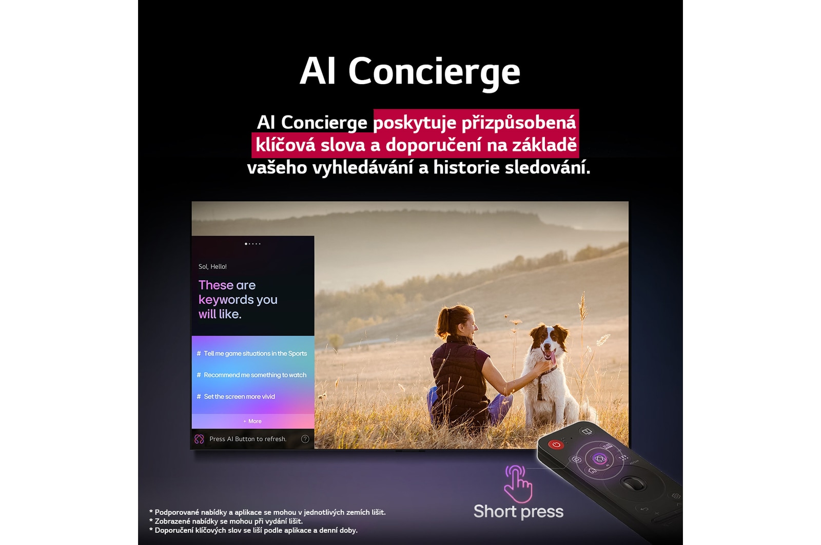 Dálkový ovladač LG AI Magic Remote před obrazovkou LG TV. Na obrazovce je personalizovaný pozdrav od LG AI s vlastními klíčovými slovy založenými na uživatelově historii vyhledávání a sledování. U ovladače se nachází ikona a označení znázorňující, že funkci AI Concierge lze jednoduše aktivovat jedním krátkým stisknutím AI tlačítka. 