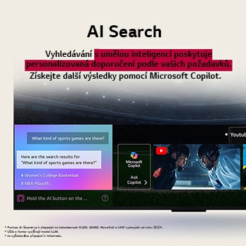 Detail obrazovky televizoru LG OLED TV zobrazující, jak funguje funkce AI Search. Otevře se malé okno chatu, ve kterém se zobrazí, jak se uživatel ptal na nabídku sportovních her. AI vyhledávání reagovalo prostřednictvím chatu a zobrazováním miniatur dostupného obsahu. Zobrazí se také výzva, abyste se obrátili na Microsoft Copilot. 