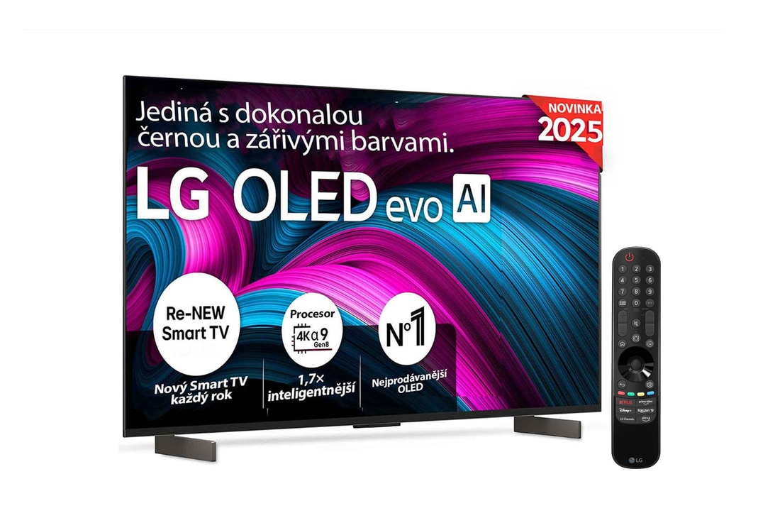 Čelní pohled na LG OLED evo AI C5 4K Smart TV. Na obrazovce je emblém 12 let světové jedničky OLED a logo LG OLED evo AI 2025.