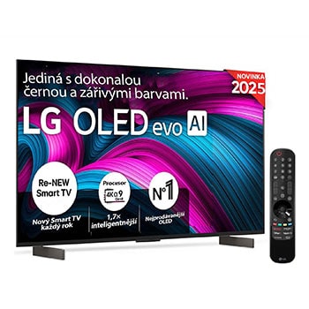 Čelní pohled na LG OLED evo AI C5 4K Smart TV. Na obrazovce je emblém 12 let světové jedničky OLED a logo LG OLED evo AI 2025.