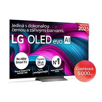 Čelní pohled na LG OLED evo AI C5 4K Smart TV. Na obrazovce je emblém 12 let světové jedničky OLED a logo LG OLED evo AI 2025.