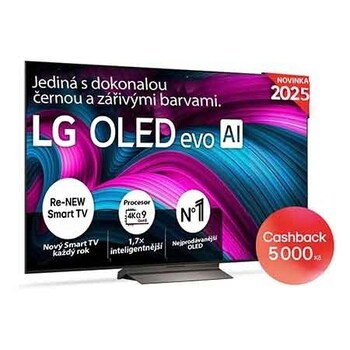 Čelní pohled na LG OLED evo AI C5 4K Smart TV. Na obrazovce je emblém 12 let světové jedničky OLED a logo LG OLED evo AI 2025.