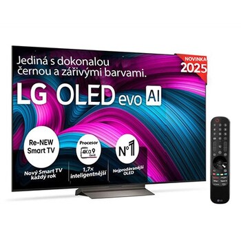 Čelní pohled na LG OLED evo AI C5 4K Smart TV. Na obrazovce je emblém 12 let světové jedničky OLED a logo LG OLED evo AI 2025.
