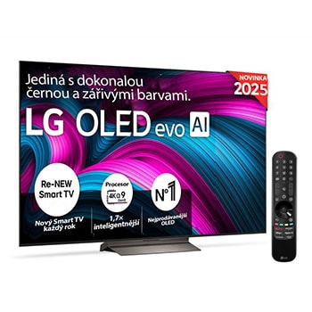 Čelní pohled na LG OLED evo AI C5 4K Smart TV. Na obrazovce je emblém 12 let světové jedničky OLED a logo LG OLED evo AI 2025.
