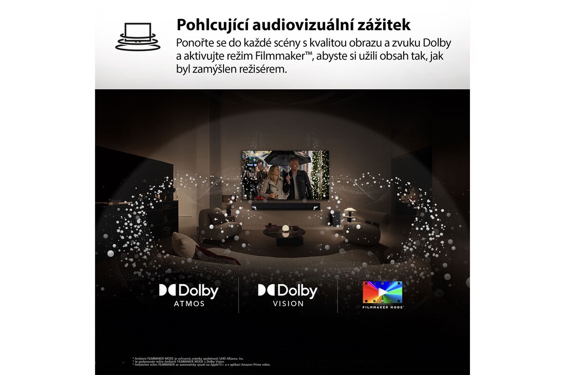 Obrazovka LG TV s dálkovým ovladačem AI Magic Remote v popředí. Je zvýrazněno tlačítko AI a textová bublina zobrazující text „navrhni mi film, který se mi bude líbit“. Obrazovka zobrazuje uživatelskou ikonu E, demonstrující schopnost AI Voice ID rozpoznat uživatele podle hlasu a nabídnout osobní doporučení. 