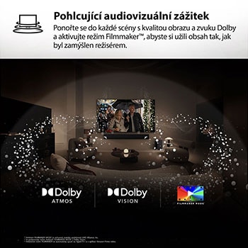 Obrazovka LG TV s dálkovým ovladačem AI Magic Remote v popředí. Je zvýrazněno tlačítko AI a textová bublina zobrazující text „navrhni mi film, který se mi bude líbit“. Obrazovka zobrazuje uživatelskou ikonu E, demonstrující schopnost AI Voice ID rozpoznat uživatele podle hlasu a nabídnout osobní doporučení. 