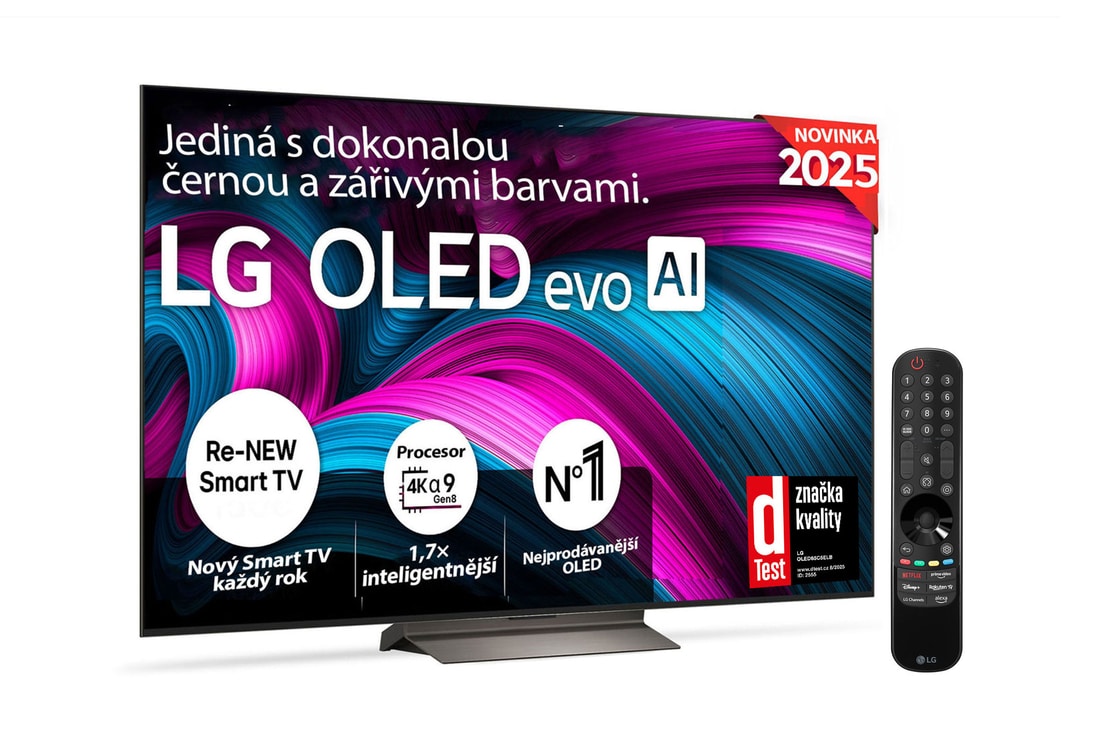 Čelní pohled na LG OLED evo AI C5 4K Smart TV. Na obrazovce je emblém 12 let světové jedničky OLED a logo LG OLED evo AI 2025.