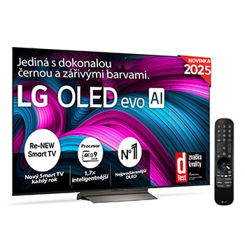 Čelní pohled na LG OLED evo AI C5 4K Smart TV. Na obrazovce je emblém 12 let světové jedničky OLED a logo LG OLED evo AI 2025.