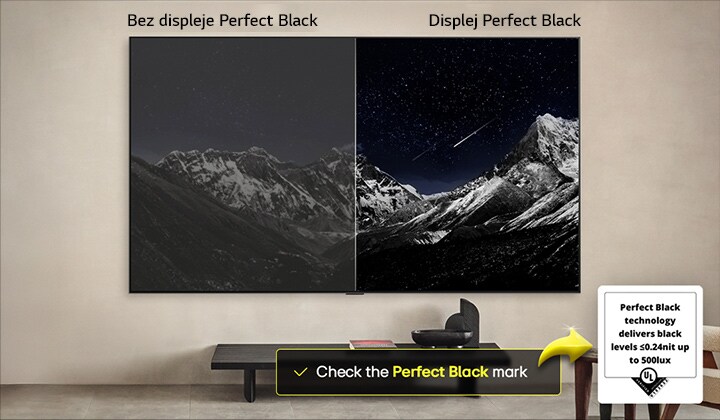 Woonkamer met een aan de muur gemonteerde LG OLED TV. Op de tv is een gebergte te zien tegen een zwarte avondhemel gevuld met sterren. De scene is in het midden gesplitst. Eén zijde heeft een doffere, grijzere versie van het landschap met het label: Niet perfect zwarte weergave. Aan de andere kant is een plezieriger beeld te zien, met een groter dynamisch bereik van zwart en wit. Dit heeft het label: Perfect zwarte weergave. De logocertificering is ook zichtbaar: Perfect zwart-technologie levert zwartniveaus die minder dan of gelijk zijn aan 0,24 nit tot maximaal 500 lux. 