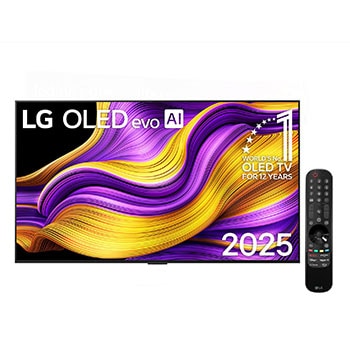 Čelní pohled na LG OLED evo AI C5 4K Smart TV. Na obrazovce je emblém 12 let světové jedničky OLED a logo LG OLED evo AI 2025.