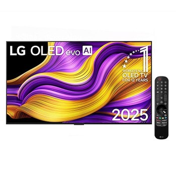 Čelní pohled na LG OLED evo AI G5 4K Smart TV. Na obrazovce je emblém 12 let světové jedničky OLED a logo LG OLED evo AI 2025.