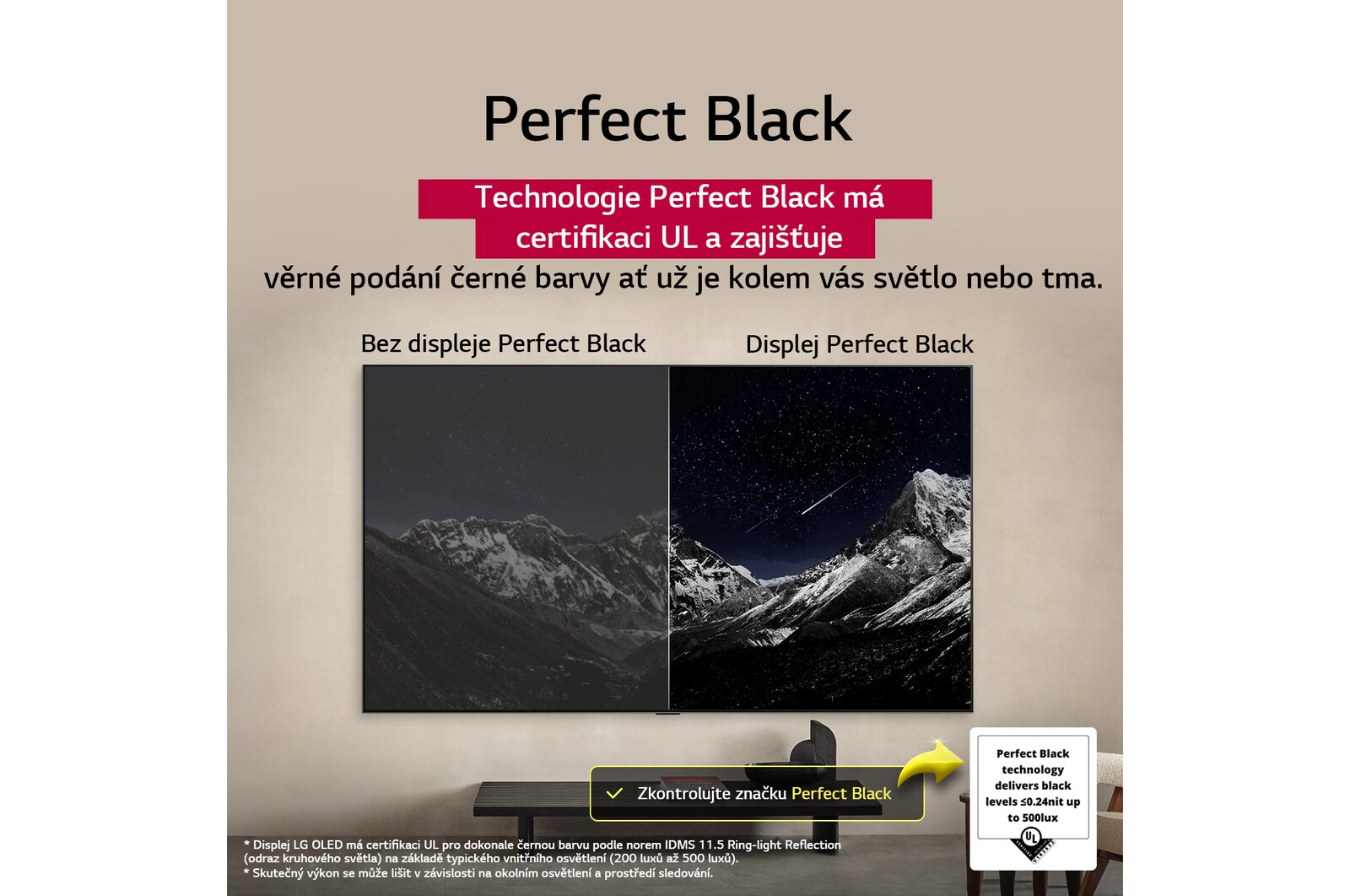 Obývací pokoj s televizorem LG OLED TV připevněným na stěně. Na televizoru je vidět horský masiv na pozadí temné večerní oblohy plné hvězd. Scéna rozdělená na dvě části demonstruje, jak technologie Perfect Black zajišťuje věrné podání černé barvy, ať už je kolem vás světlo nebo tma. Na jedné straně scény je tlumenější, šedší verze krajiny s popiskem „Matný displej“. Na druhé straně je obraz příjemnější a má větší dynamický rozsah černé a bílé. Nese označení Perfect Black. Viditelná je také certifikace loga, technologie Perfect Black zajišťuje úroveň černé barvy nižší nebo rovnou 0,24 nit až do 500 luxů. Po straně je textová bublina s nápisem Podívejte se na značku certifikace Perfect Black.