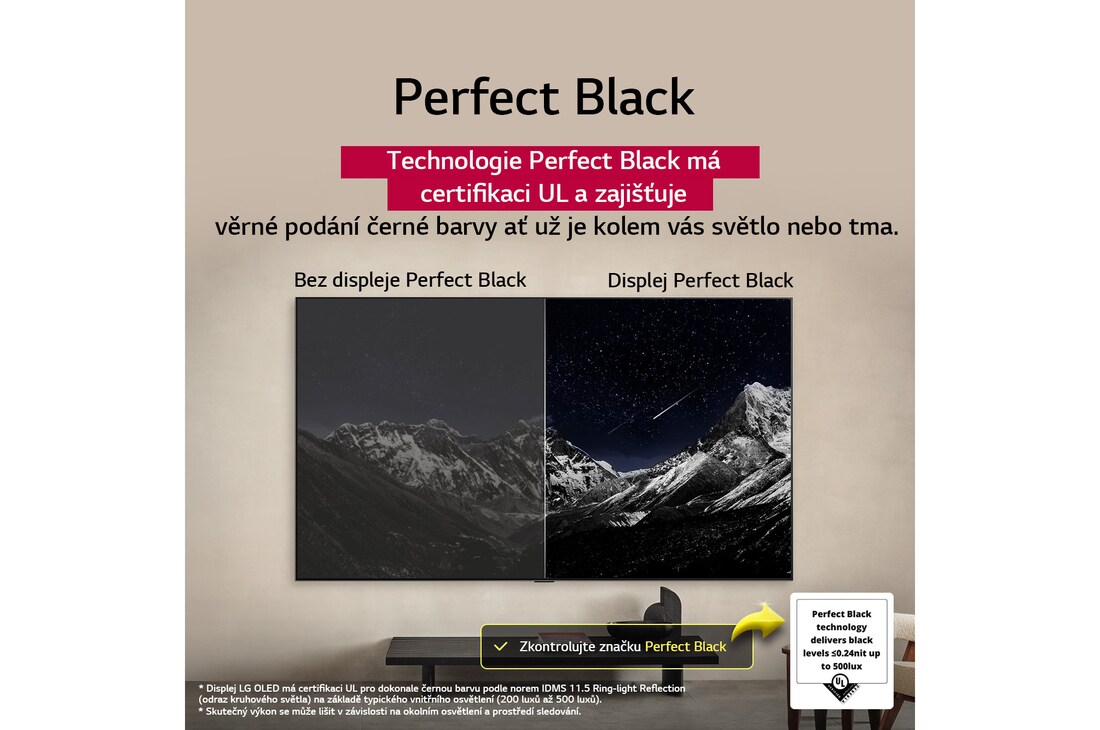 Obývací pokoj s televizorem LG OLED TV připevněným na stěně. Na televizoru je vidět horský masiv na pozadí temné večerní oblohy plné hvězd. Scéna rozdělená na dvě části demonstruje, jak technologie Perfect Black 