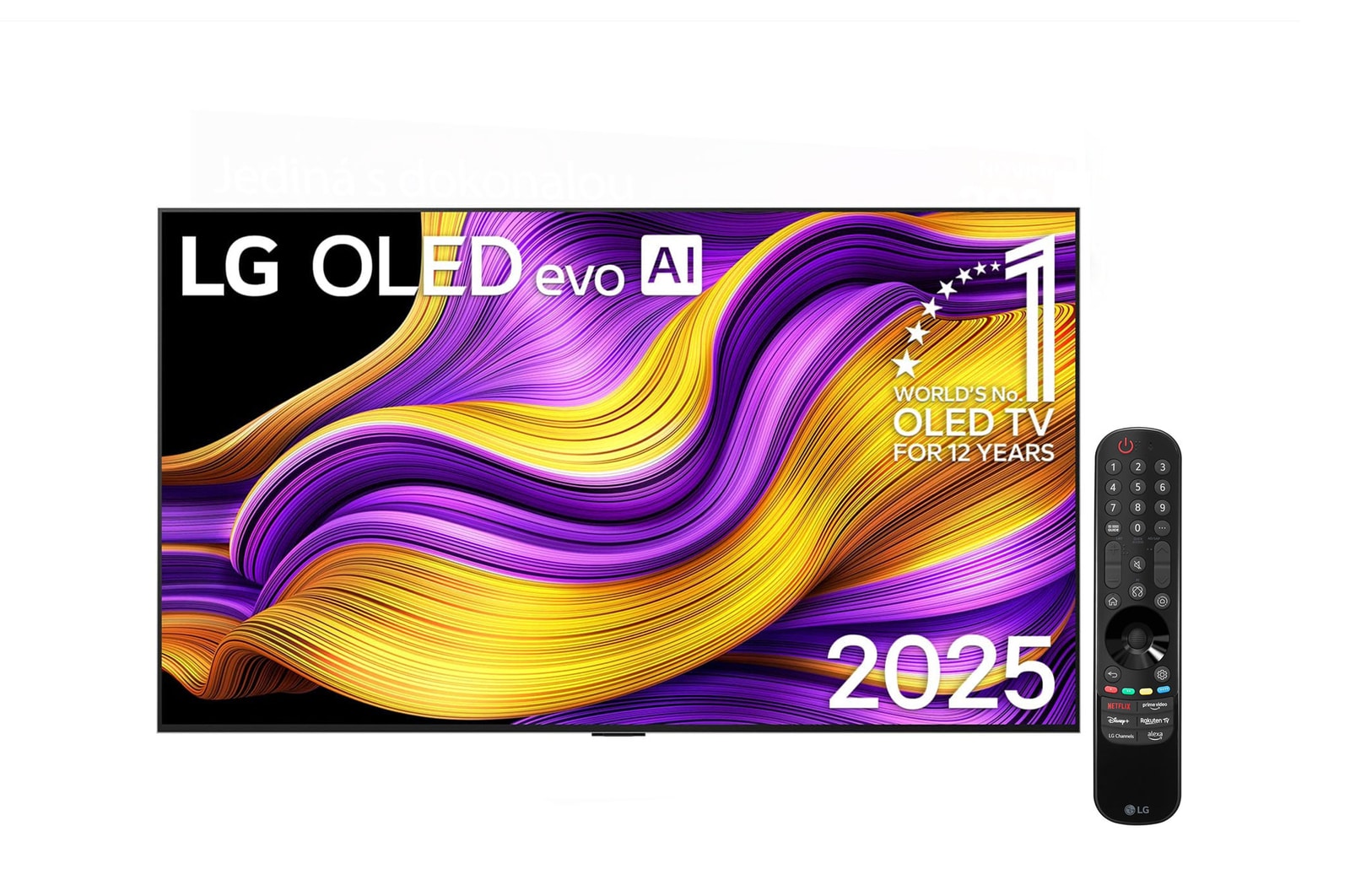 Čelní pohled na LG OLED evo AI C5 4K Smart TV. Na obrazovce je emblém 12 let světové jedničky OLED a logo LG OLED evo AI 2025.
