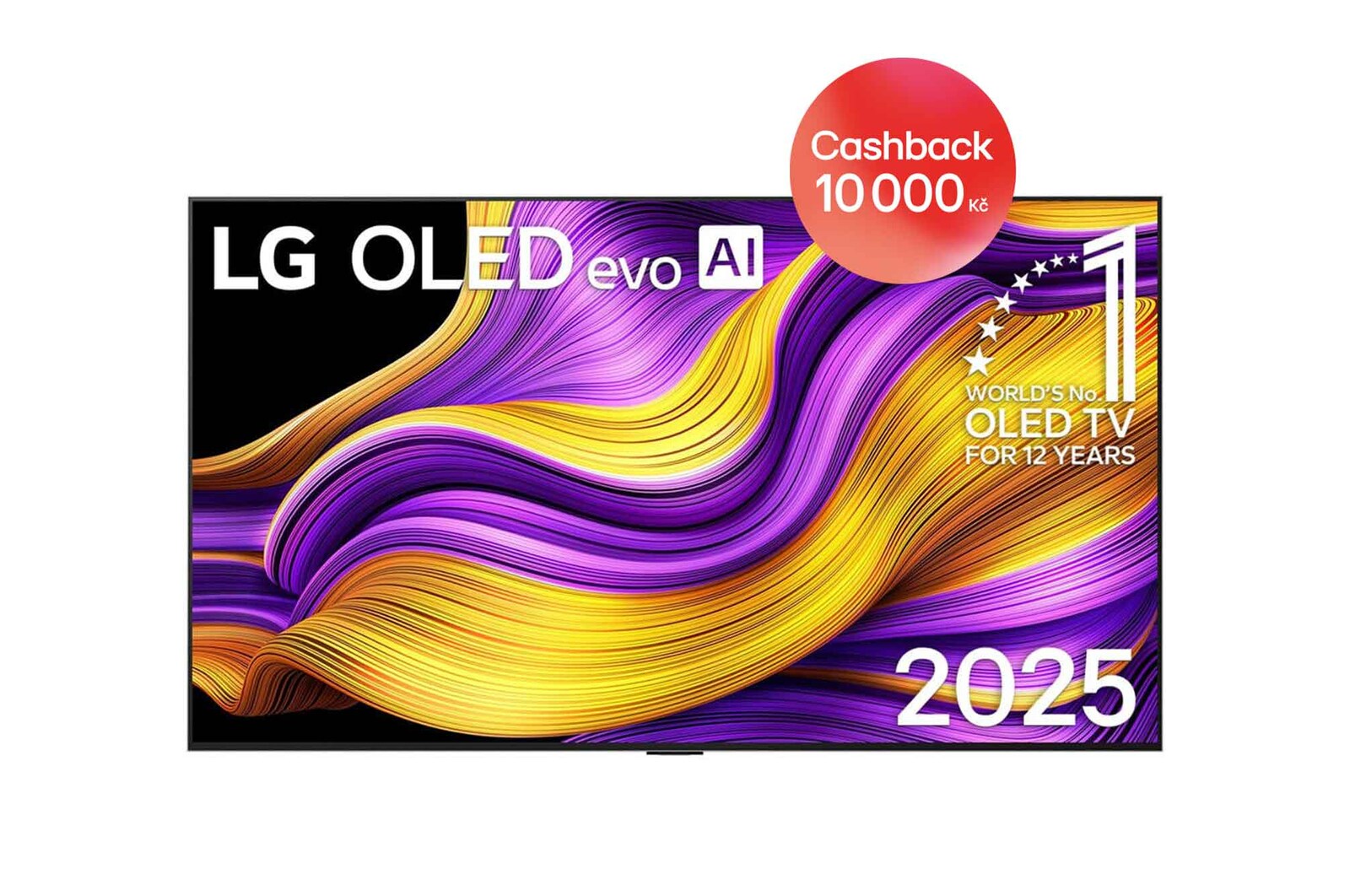 Čelní pohled na LG OLED evo AI G5 4K Smart TV. Na obrazovce je emblém 12 let světové jedničky OLED a logo LG OLED evo AI 2025.