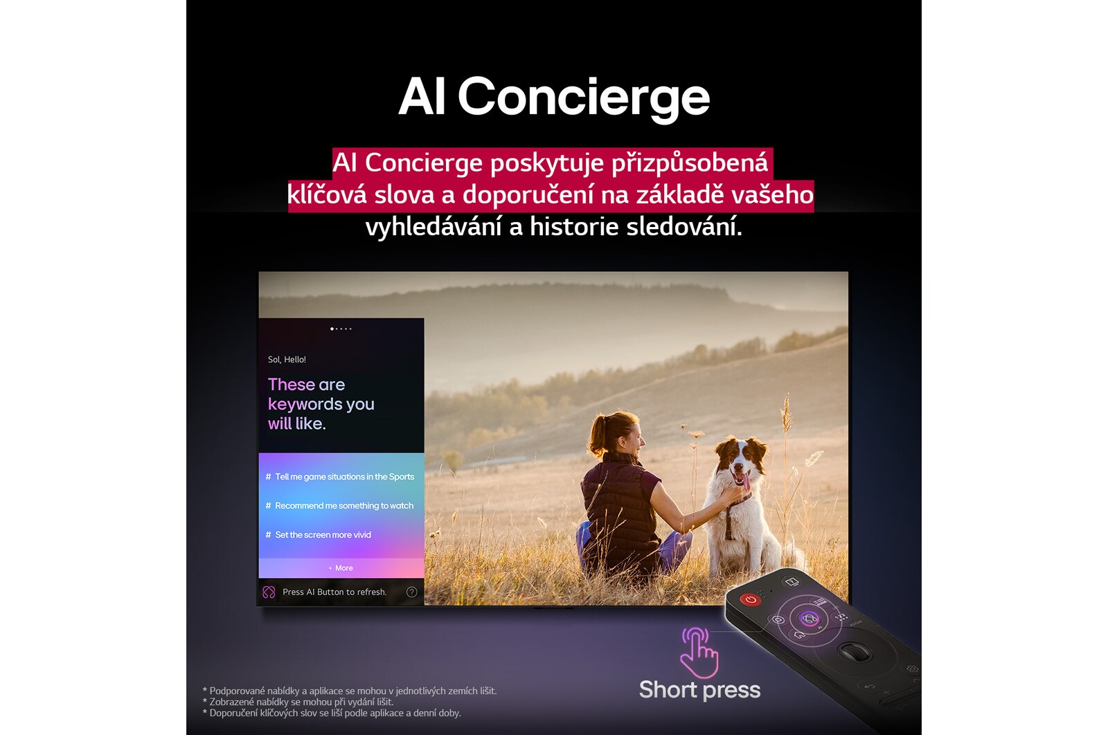 Detail obrazovky televizoru LG OLED TV zobrazující, jak funguje funkce AI Search. Otevře se malé okno chatu, ve kterém se zobrazí, jak se uživatel ptal na nabídku sportovních her. Funkce AI Search reagovala prostřednictvím chatu a zobrazováním miniatur dostupného obsahu. Zobrazí se také výzva, abyste se obrátili na Microsoft Copilot. 