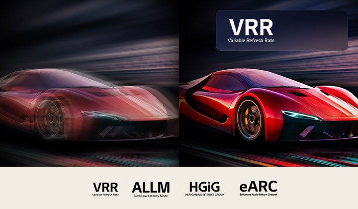 Dva snímky vozu ve videohře vedle sebe. Na jednom z nich je hodně rozmazaný pohyb. Druhý je ostrý a zaostřený a ukazuje vysokou snímkovou frekvenci LG QNED TV. V pravém horním rohu je logo VRR a logo 144 Hz.