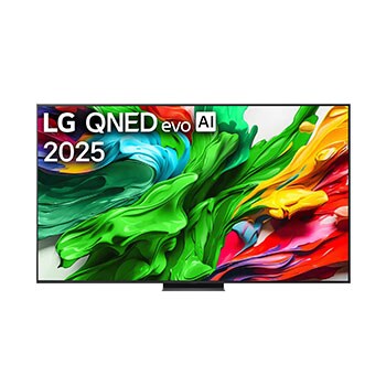 Pohled na LG QNED evo QNED86 TV zepředu, logo LG QNED evo Al v horním rohu. LG QNED evo QNED86 TV zobrazuje barevné kreslené textury, které se spojují.