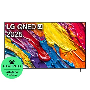 Pohled na televizor LG QNED82 TV zepředu, logo LG QNED Al v horním rohu. LG QNED TV zobrazuje barevné kreslené textury, které se spojují.