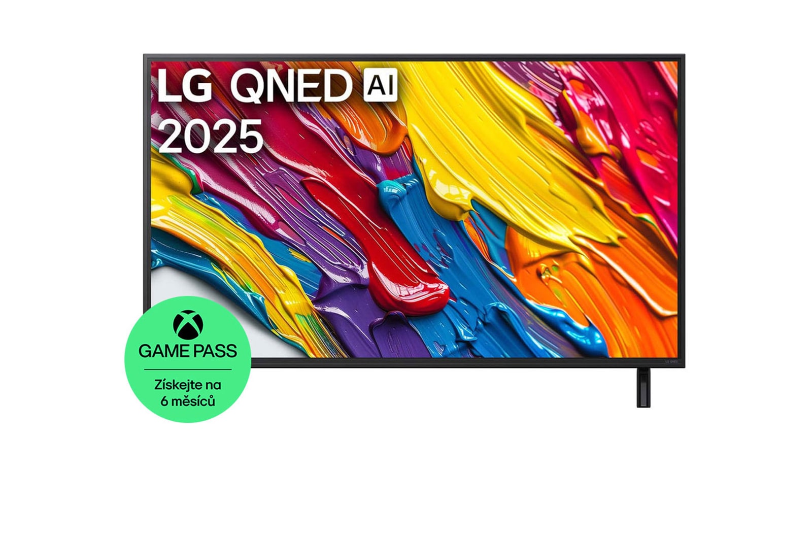 Pohled na televizor LG QNED82 TV zepředu, logo LG QNED Al v horním rohu. LG QNED TV zobrazuje barevné kreslené textury, které se spojují.