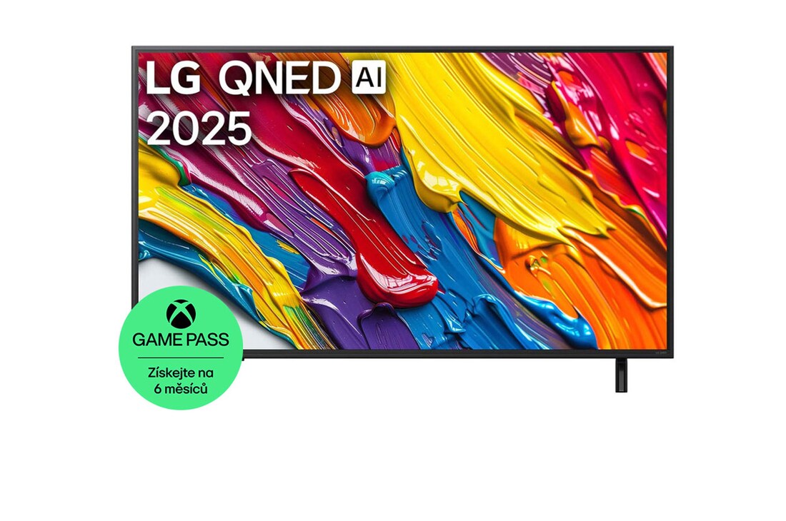 Pohled na televizor LG QNED82 TV zepředu, logo LG QNED Al v horním rohu. LG QNED TV zobrazuje barevné kreslené textury, které se spojují.
