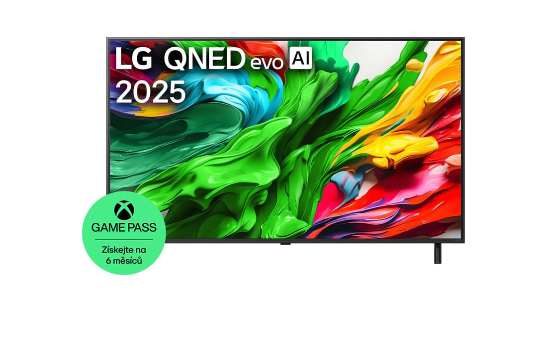 Pohled na LG QNED evo QNED85 TV zepředu, logo LG QNED evo Al v horním rohu. LG QNED evo QNED85 TV zobrazuje barevné kreslené textury, které se spojují.