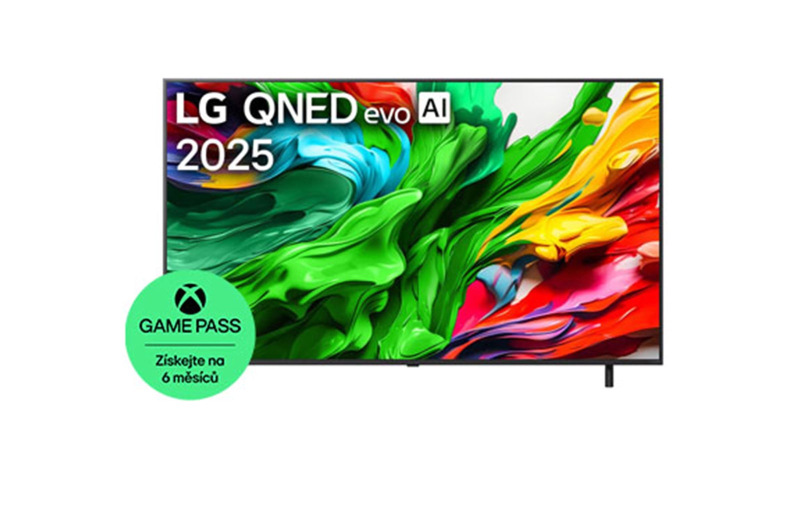 Pohled na LG QNED evo QNED85 TV zepředu, logo LG QNED evo Al v horním rohu. LG QNED evo QNED85 TV zobrazuje barevné kreslené textury, které se spojují.