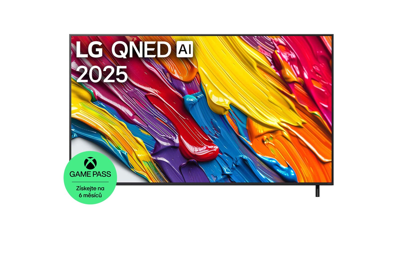 Pohled na televizor LG QNED82 TV zepředu, logo LG QNED Al v horním rohu. LG QNED TV zobrazuje barevné kreslené textury, které se spojují.