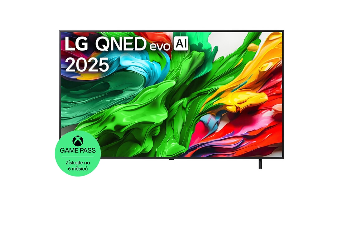 Pohled na LG QNED evo QNED85 TV zepředu, logo LG QNED evo Al v horním rohu. LG QNED evo QNED85 TV zobrazuje barevné kreslené textury, které se spojují.