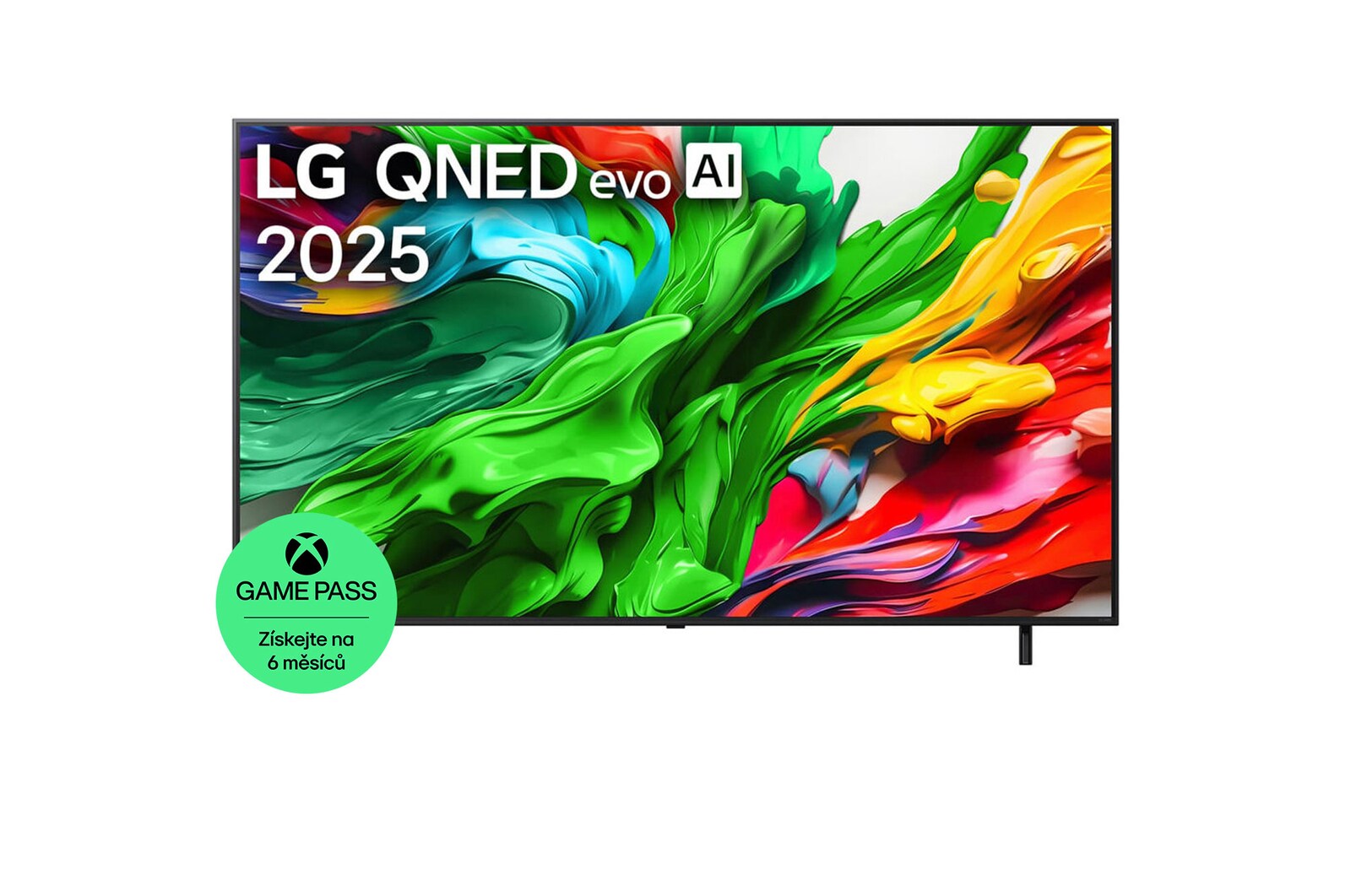 Pohled na LG QNED evo QNED85 TV zepředu, logo LG QNED evo Al v horním rohu. LG QNED evo QNED85 TV zobrazuje barevné kreslené textury, které se spojují.