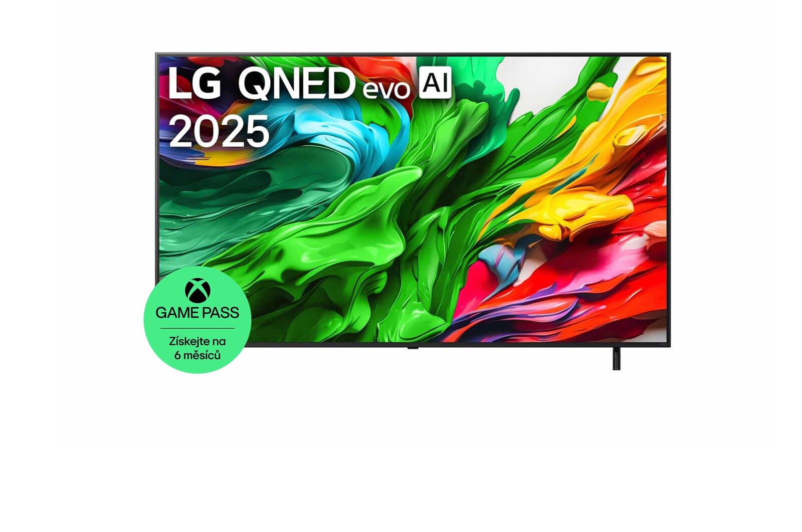 Pohled na LG QNED evo QNED85 TV zepředu, logo LG QNED evo Al v horním rohu. LG QNED evo QNED85 TV zobrazuje barevné kreslené textury, které se spojují.