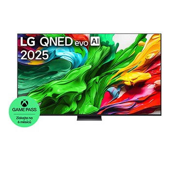 Pohled na LG QNED evo QNED86 TV zepředu, logo LG QNED evo Al v horním rohu. LG QNED evo QNED86 TV zobrazuje barevné kreslené textury, které se spojují.