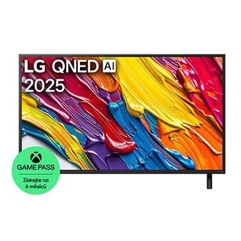 Pohled na televizor LG QNED82 TV zepředu, logo LG QNED Al v horním rohu. LG QNED TV zobrazuje barevné kreslené textury, které se spojují.