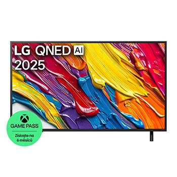 Pohled na televizor LG QNED82 TV zepředu, logo LG QNED Al v horním rohu. LG QNED TV zobrazuje barevné kreslené textury, které se spojují.