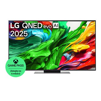 Pohled na LG QNED evo QNED85 TV zepředu, logo LG QNED evo Al v horním rohu. LG QNED evo QNED85 TV zobrazuje barevné kreslené textury, které se spojují.
