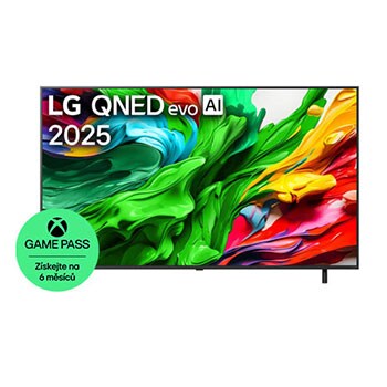 Pohled na LG QNED evo QNED85 TV zepředu, logo LG QNED evo Al v horním rohu. LG QNED evo QNED85 TV zobrazuje barevné kreslené textury, které se spojují.