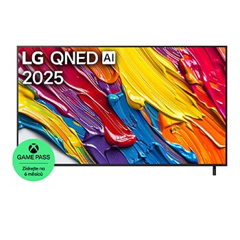 Pohled na televizor LG QNED82 TV zepředu, logo LG QNED Al v horním rohu. LG QNED TV zobrazuje barevné kreslené textury, které se spojují.