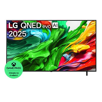 Pohled na LG QNED evo QNED85 TV zepředu, logo LG QNED evo Al v horním rohu. LG QNED evo QNED85 TV zobrazuje barevné kreslené textury, které se spojují.