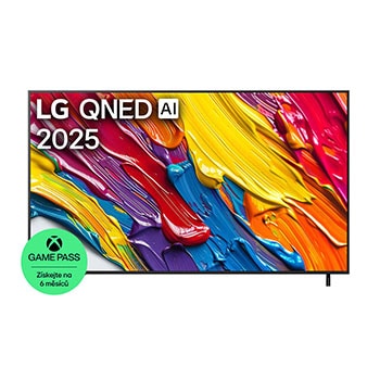 Pohled na televizor LG QNED82 TV zepředu, logo LG QNED Al v horním rohu. LG QNED TV zobrazuje barevné kreslené textury, které se spojují.