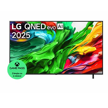 Pohled na LG QNED evo QNED85 TV zepředu, logo LG QNED evo Al v horním rohu. LG QNED evo QNED85 TV zobrazuje barevné kreslené textury, které se spojují.