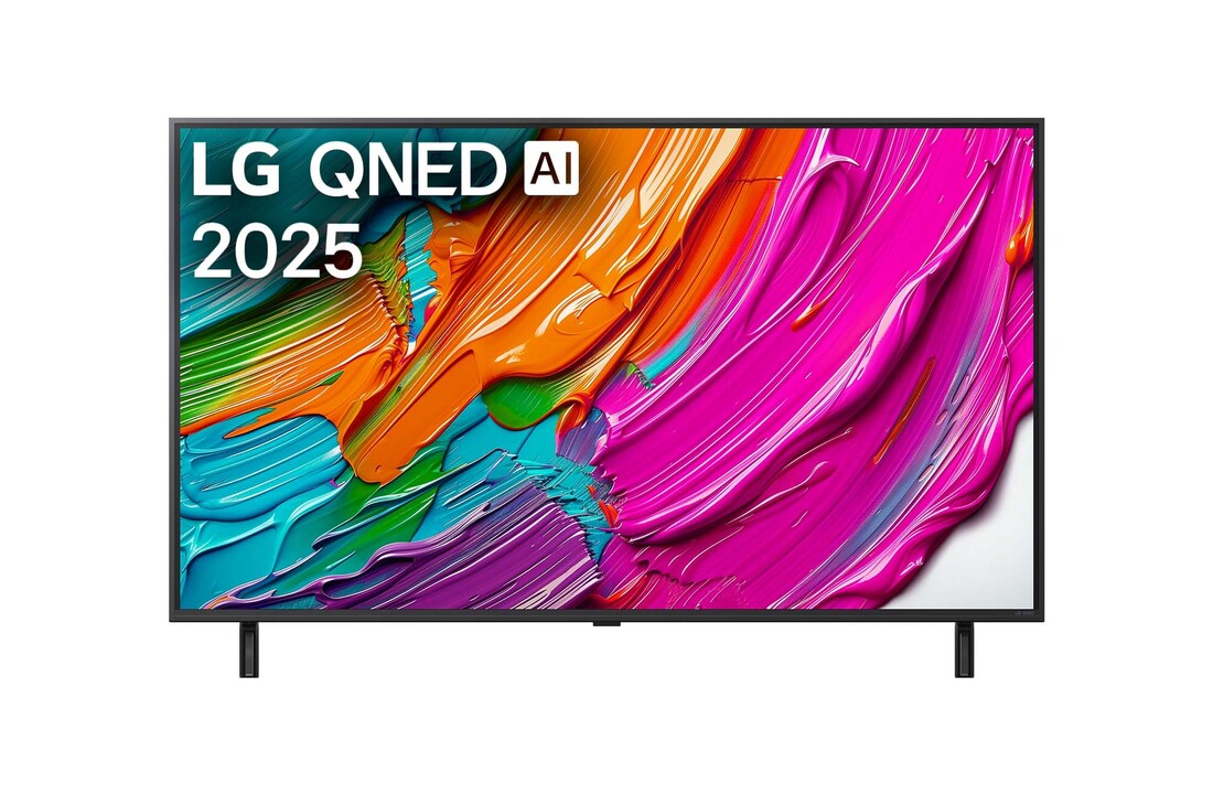 Pohled na televizor LG QNED8E TV zepředu, logo LG QNED Al v horním rohu. LG QNED TV zobrazuje barevné kreslené textury, které se spojují.