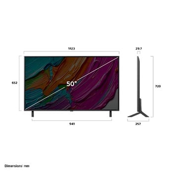 Pohled zepředu a z boku na LG QNED AI QNED8E 4K Smart TV s rozměry na délku, šířku, výšku a hloubku.