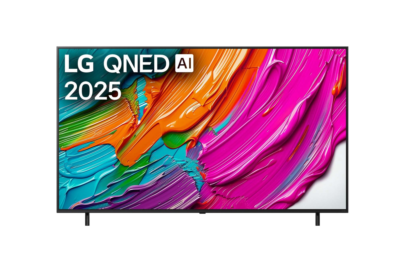 Pohled na televizor LG QNED8E TV zepředu, logo LG QNED Al v horním rohu. LG QNED TV zobrazuje barevné kreslené textury, které se spojují.